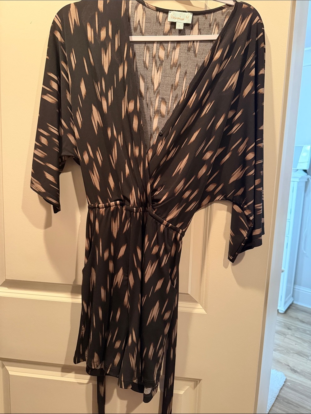 Veronica M. Black and Taupe Printed Wrap Romper